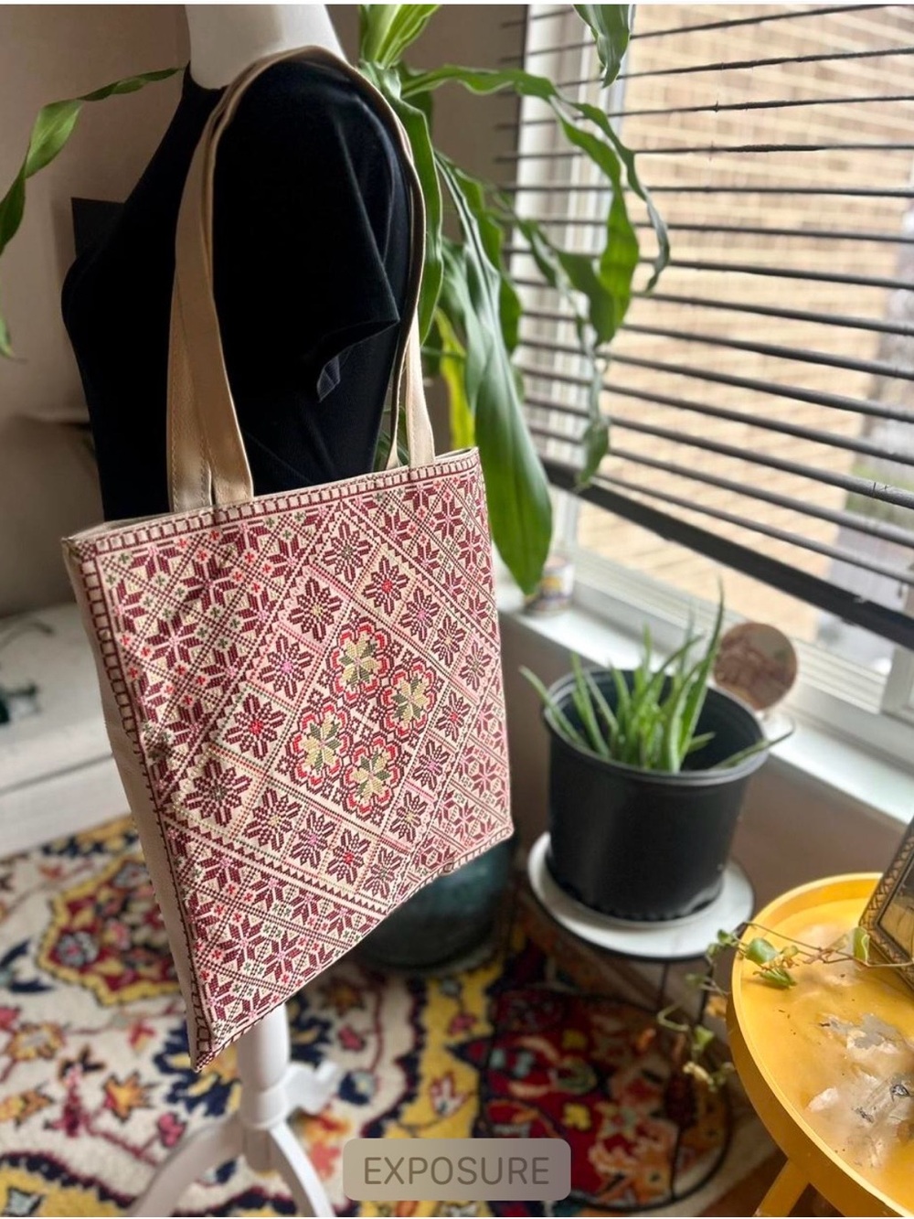 Handcrafted Pink Patterned Tote Bag with Cream Handles